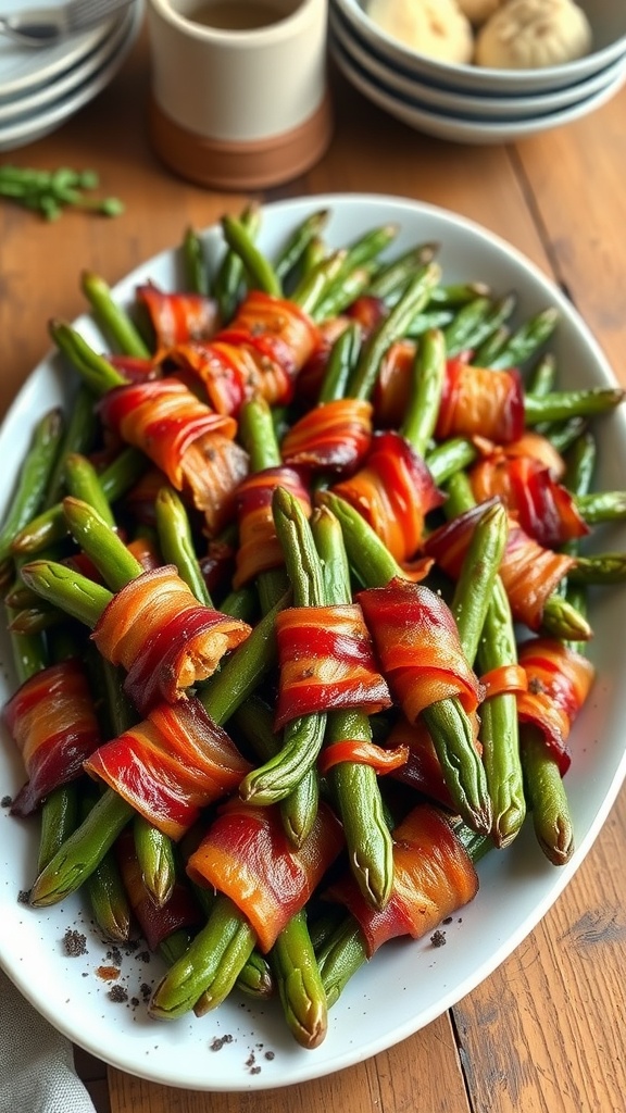 A close-up of bacon-wrapped green beans on a rustic platter, garnished with herbs.